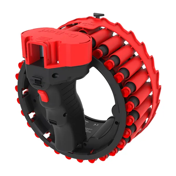 A red and black D-Dart blaster with its ring-shaped dart drum