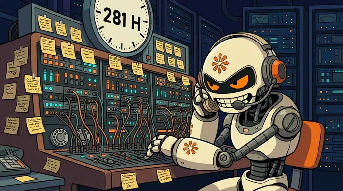 Cartoon of a robot on the phone at a switchboard covered in notes
