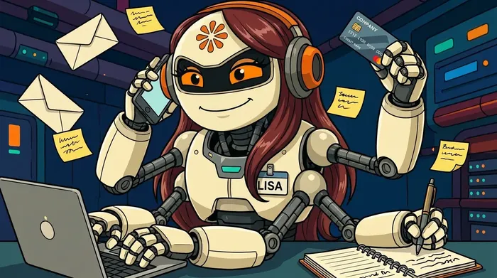 Cartoon of Lisa, a robot assistant, handling mail, calls and cards at once