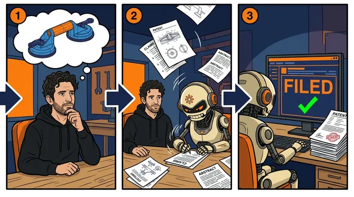 Cartoon in three panels: an idea, a sketch, and a robot filing the patent