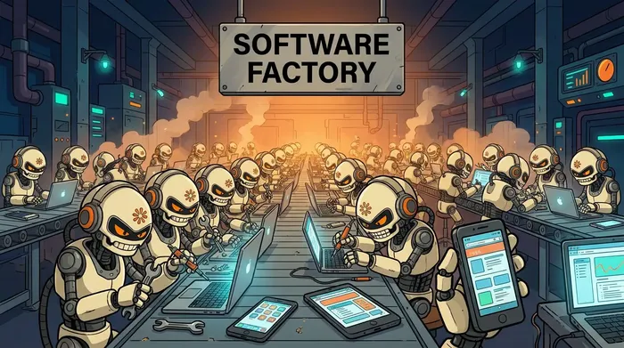 Cartoon of rows of robots building apps in a software factory