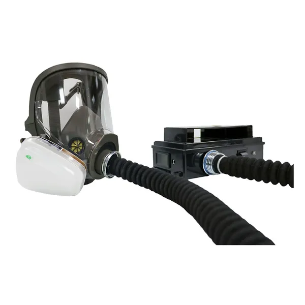 A full-face respirator mask connected by a hose to a blower unit