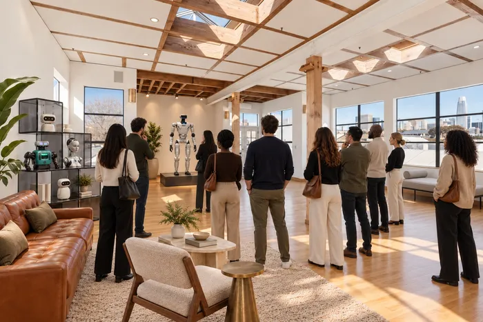 Visitors around a humanoid robot in the sunlit loft